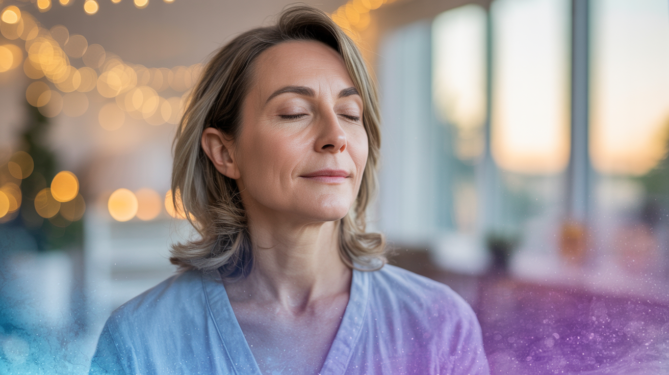 Woman meditating peacefully with bokeh lights - Hypno CBT for New Year's resolutions at The Holistic Clinic