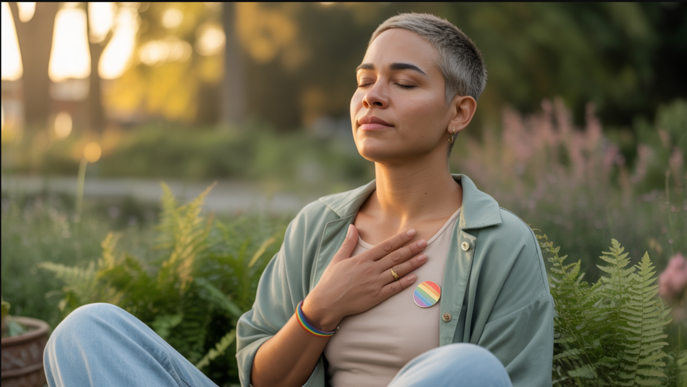 LGBTQI+ adult practising nervous system regulation techniques for burnout recovery